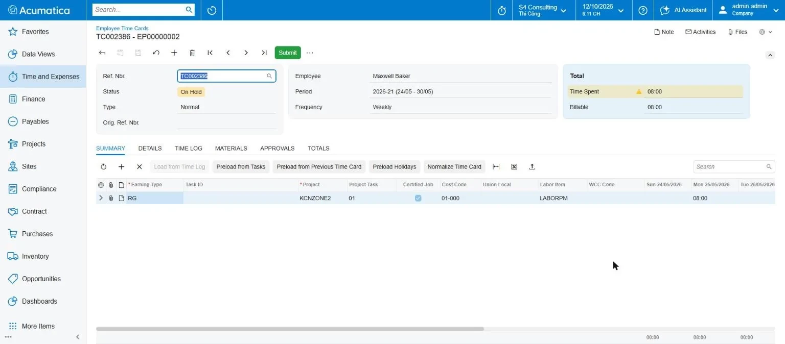 Employee time card by project and cost code, feeding payroll and project labour cost