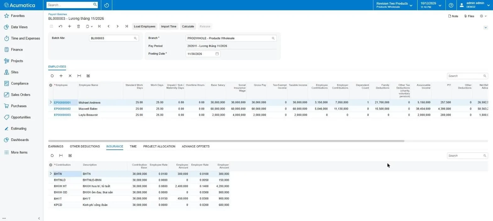 Monthly payroll batch: gross pay, taxable income, family deductions, PIT, and the compulsory insurance contributions (social, health, unemployment) for employee and employer