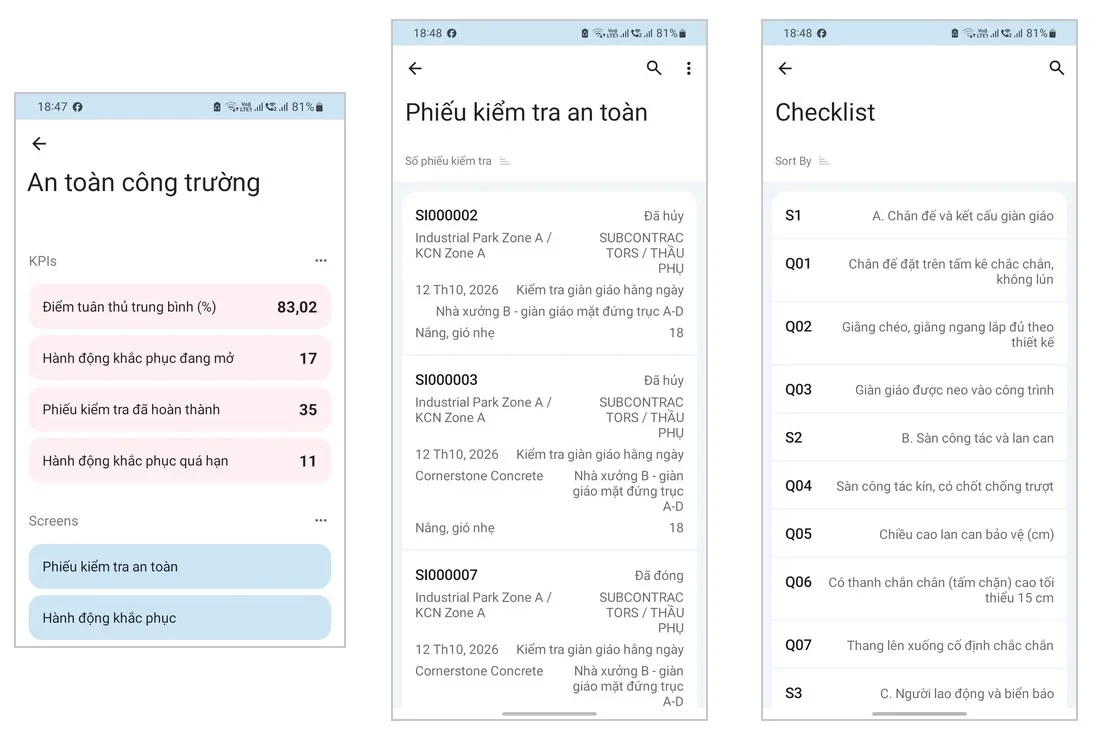 Acumatica Mobile App in Vietnamese: safety KPIs, inspection list and checklist items on site