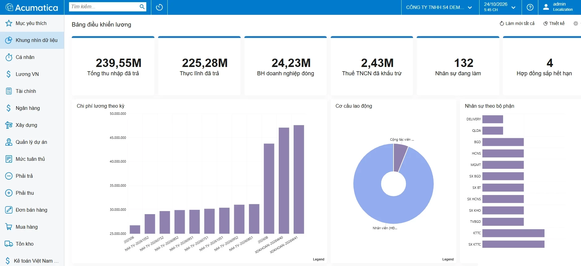 Acumatica 2026 R2 Modern UI in Vietnamese: navigation menu and a dashboard
