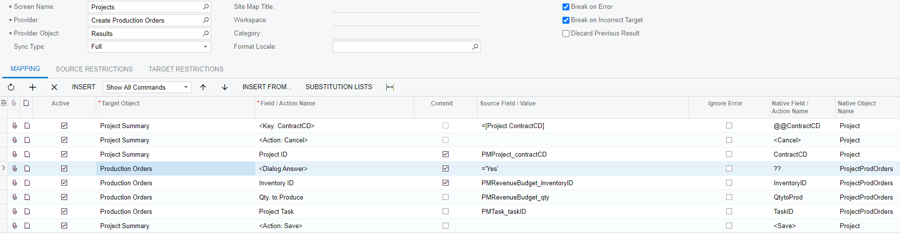 Import scenario to create production orders on project screen