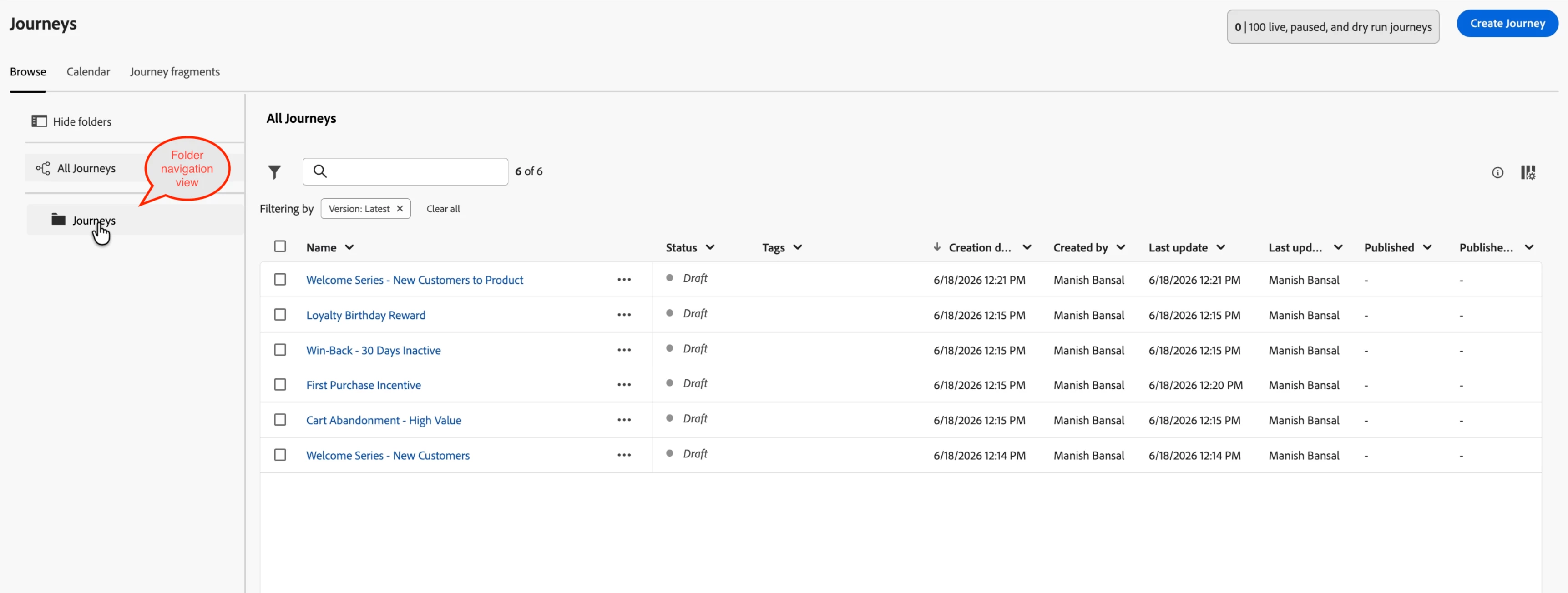 Folder navigation view in the AJO sidebar