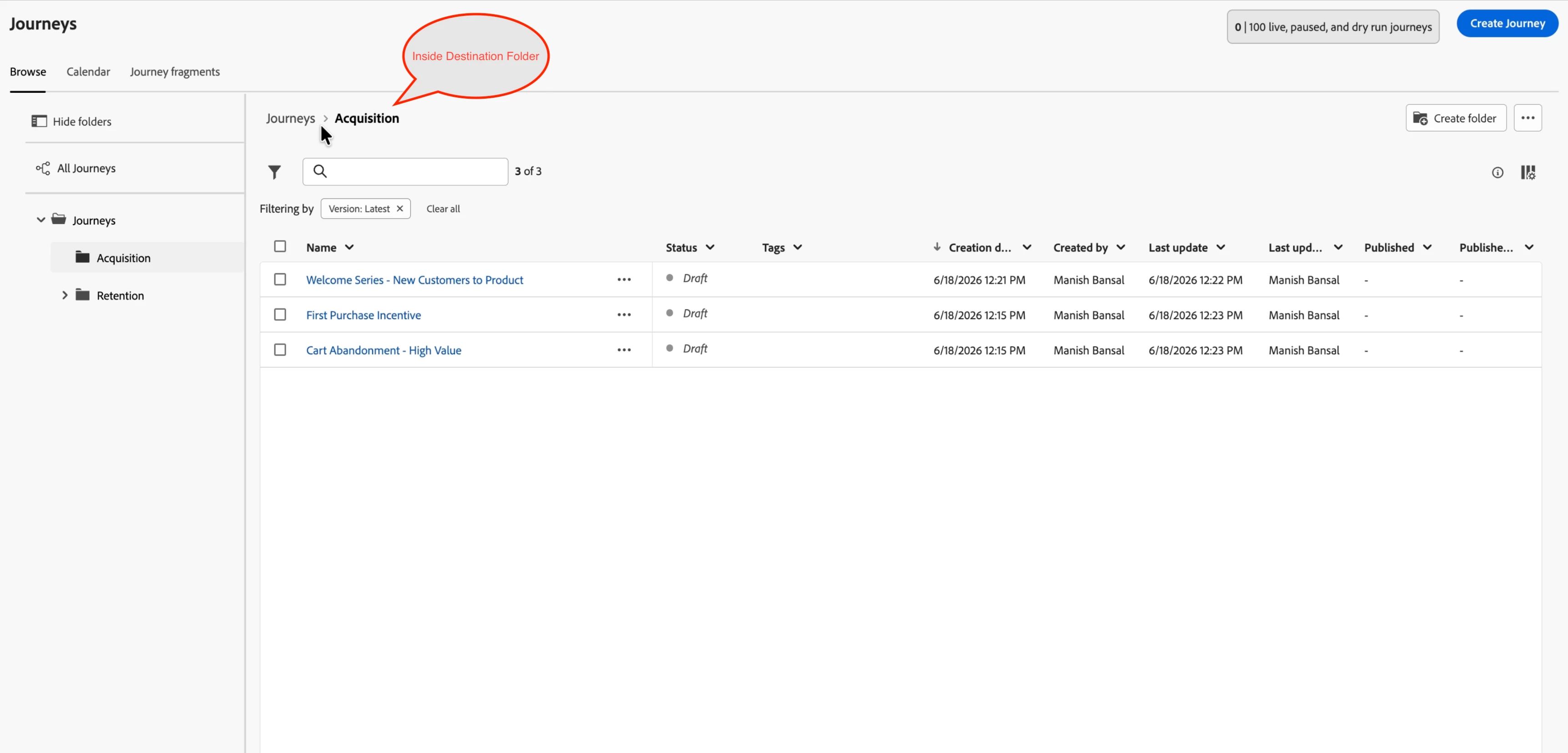Inside Acquisition folder showing only the 3 journeys