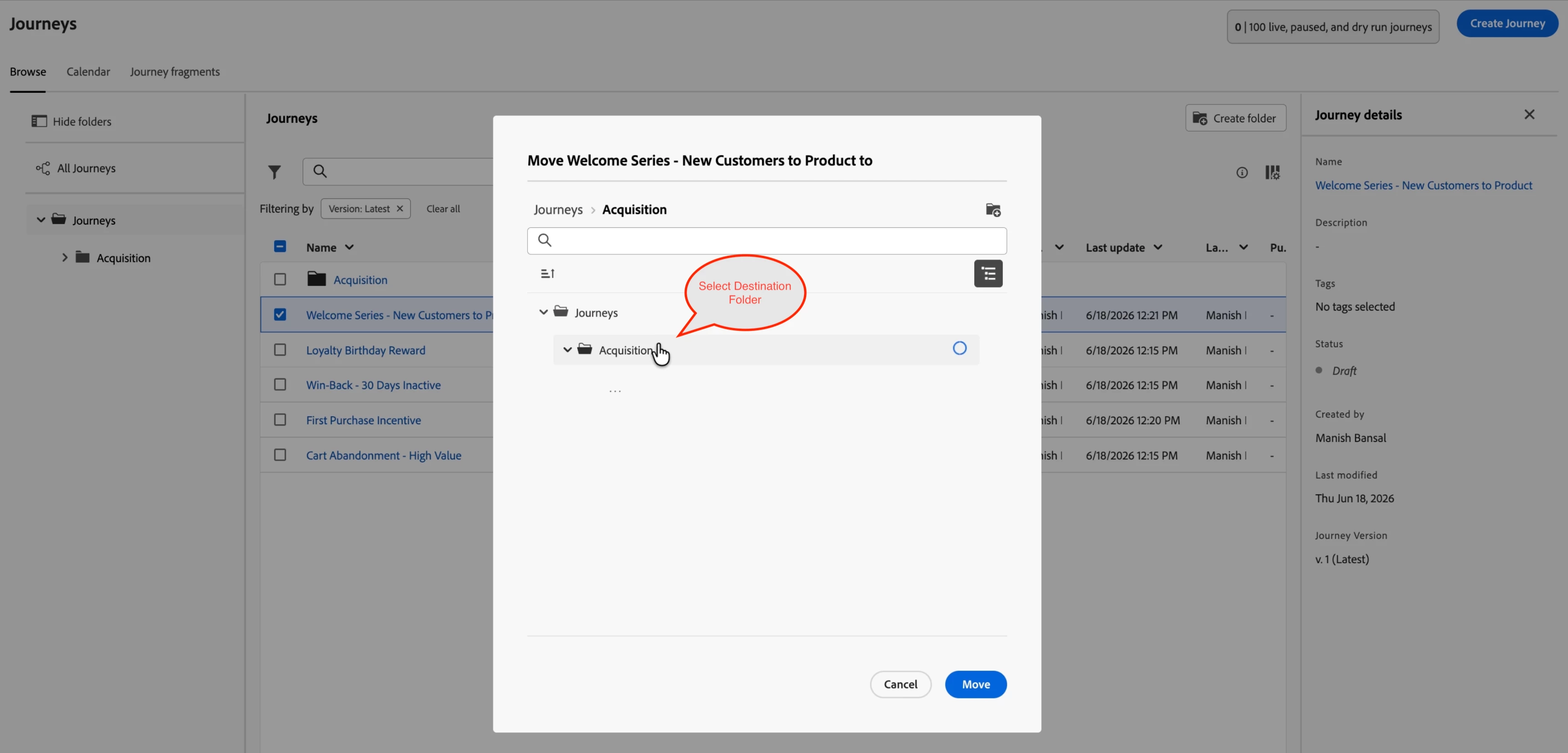 Move to folder picker — selecting the Acquisition folder