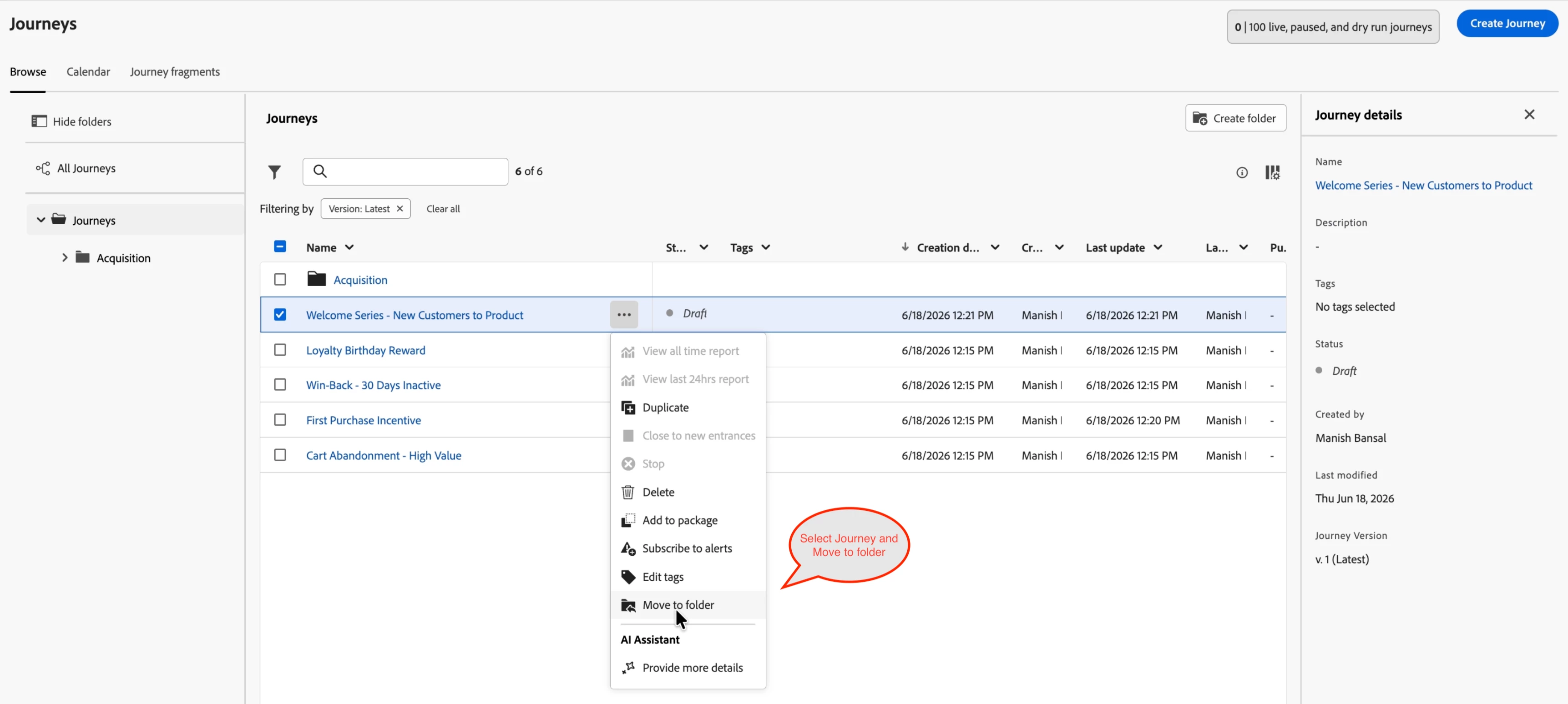 Context menu showing Move to folder option