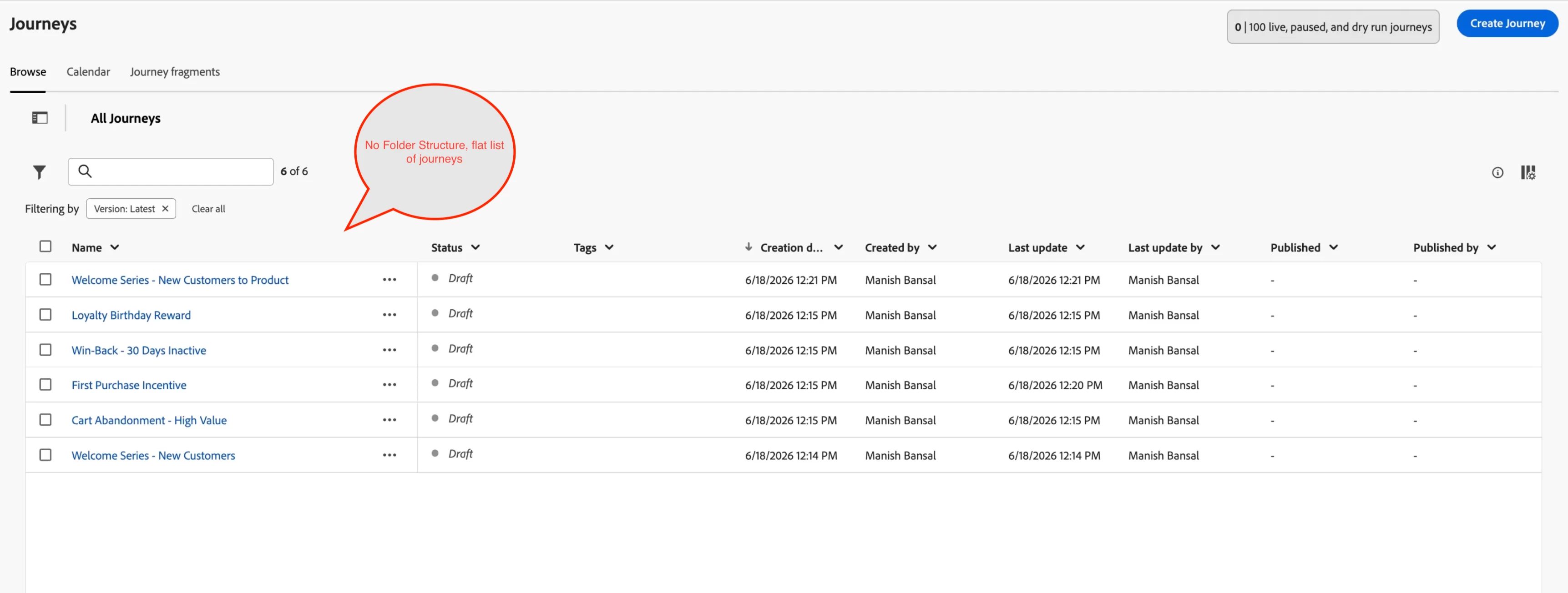 Before Journey Folders — flat unorganised journey list