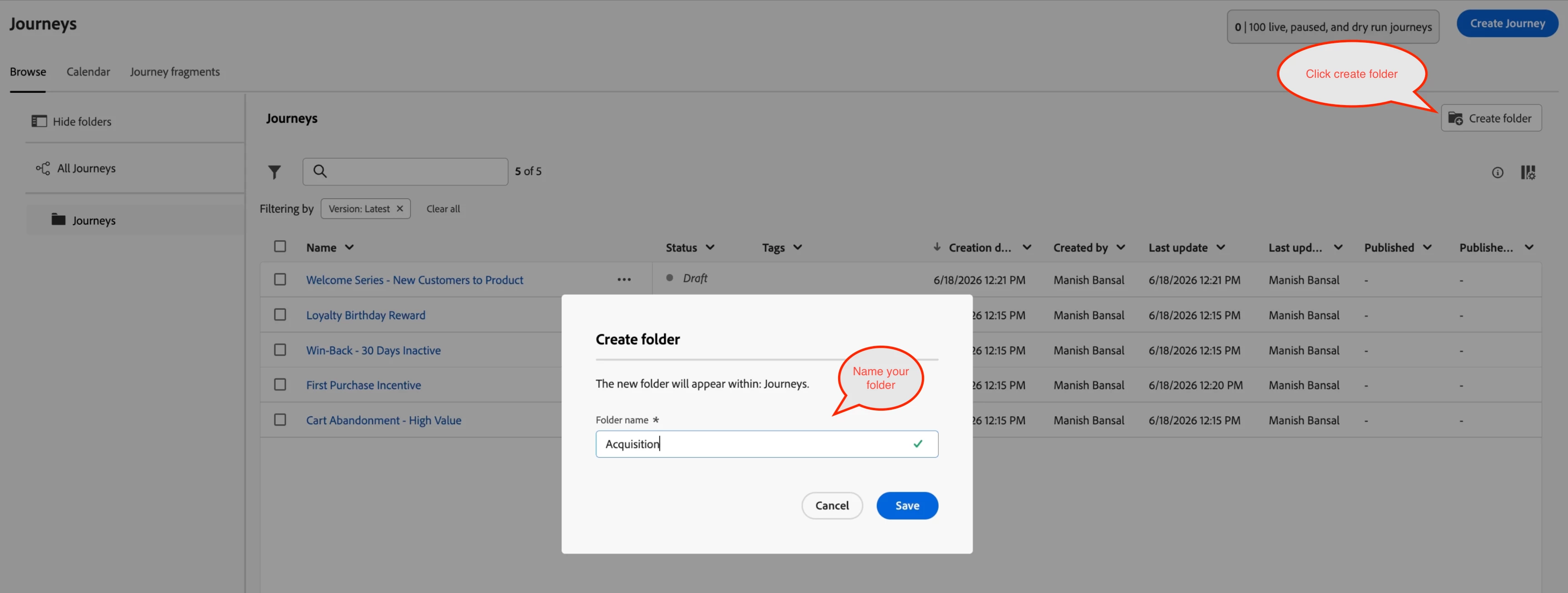 Create folder dialog in AJO — naming a folder Acquisition