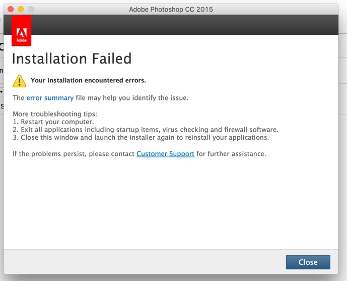 Adobe photoshop show up installation failed message | Community