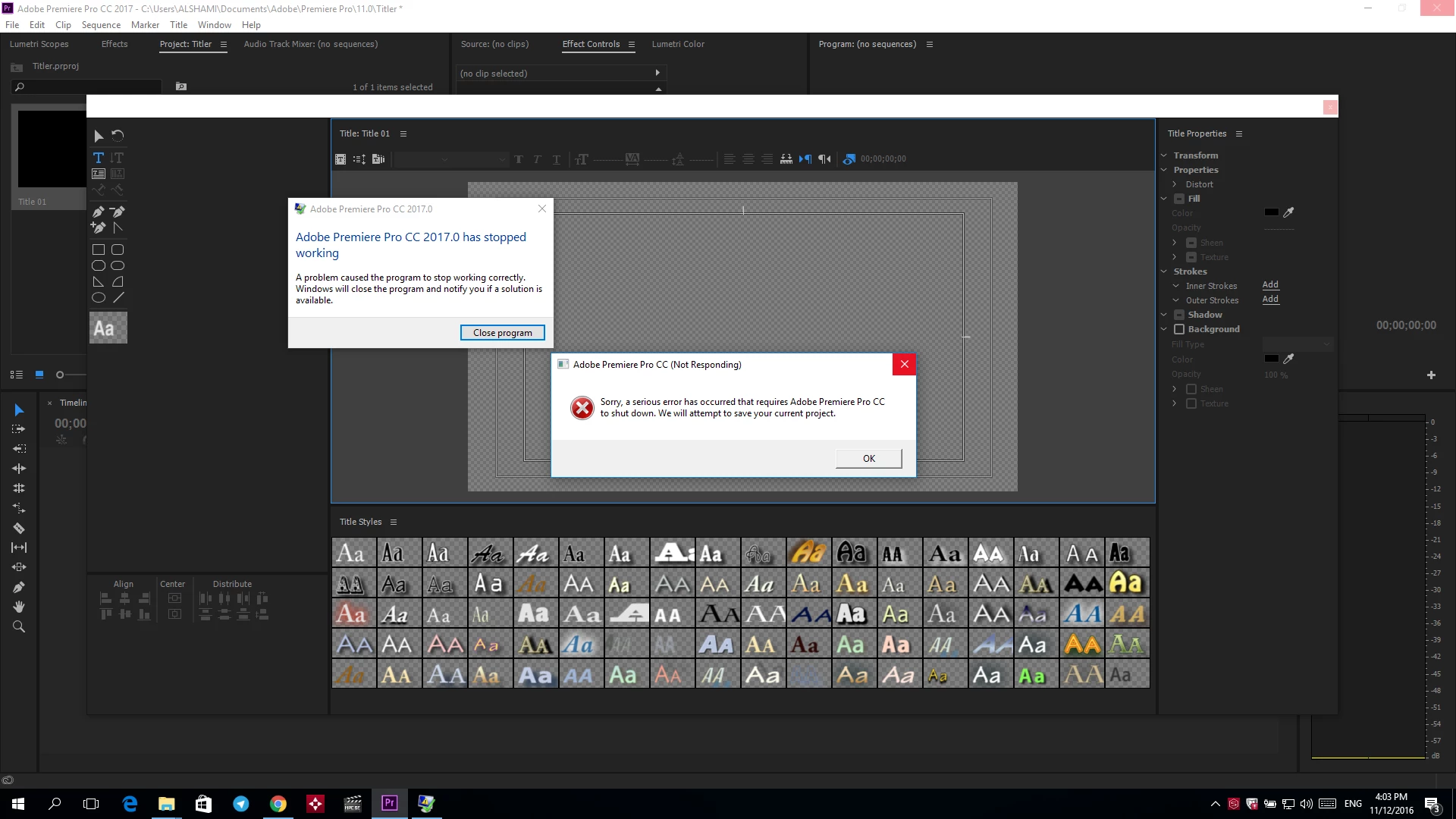 Problem - Premiere pro CC 2017 Titler Crash?! | Community