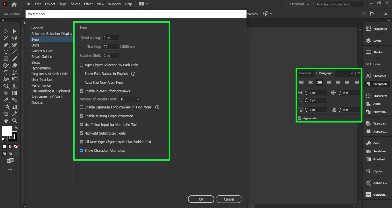 Adobe Illustrator 2020 (v24.2.3) missing text directions on