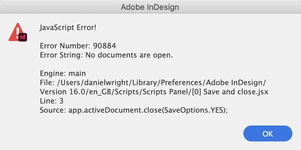 Indesign simple script works but also gives error message | Community
