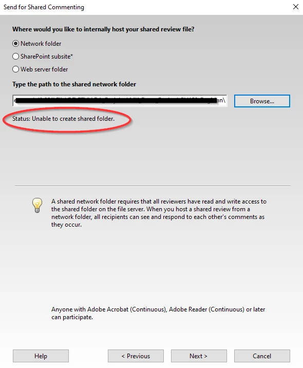 Adobe Acrobat Pro DC: Unable to create shared folder | Community