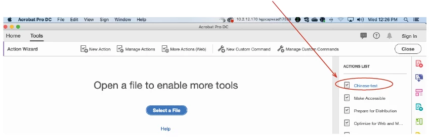 To run the Action that was created through Action Wizard in Acrobat DC ...