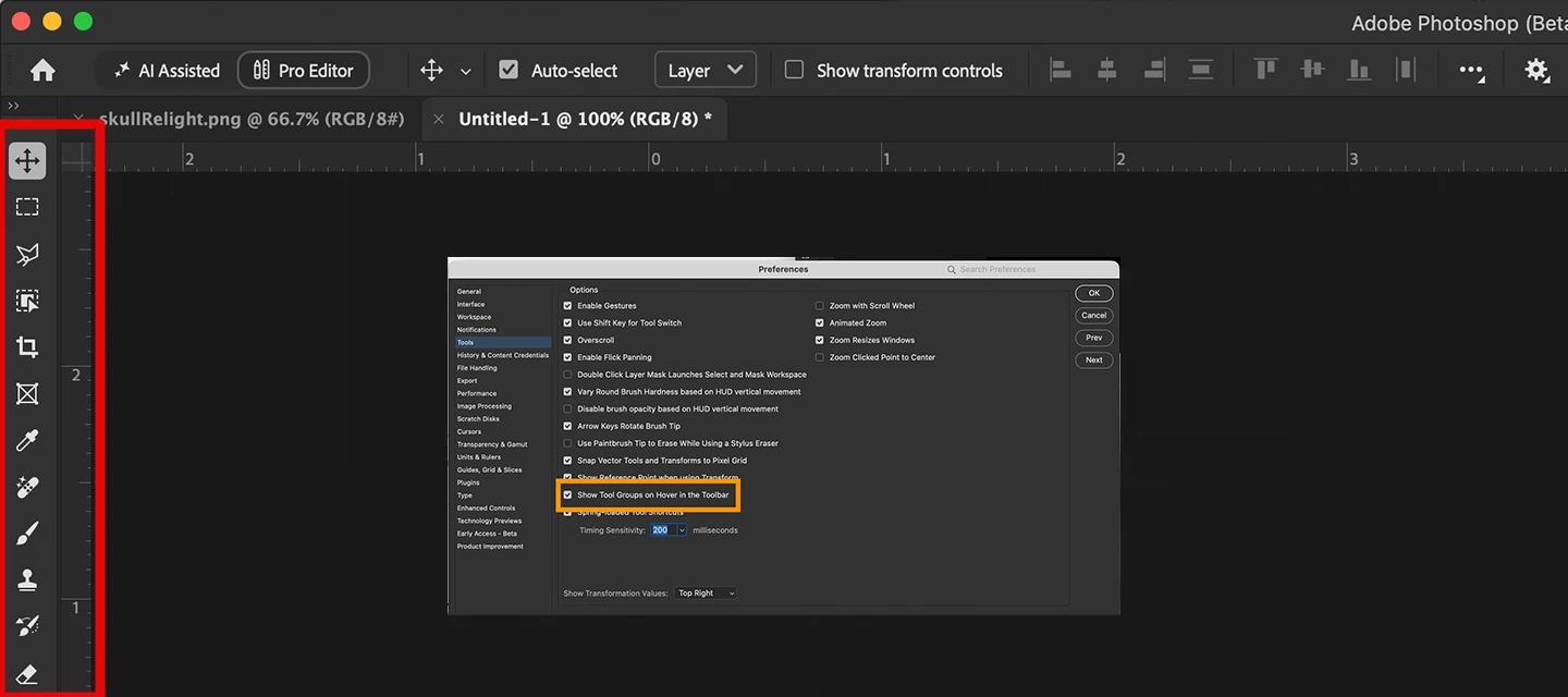 Toolbar Tool Groups Now Open on Hover.