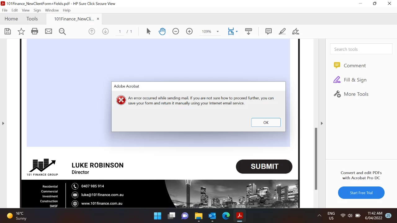 Error Message when submitting a form from Acrobat 2022 | Community