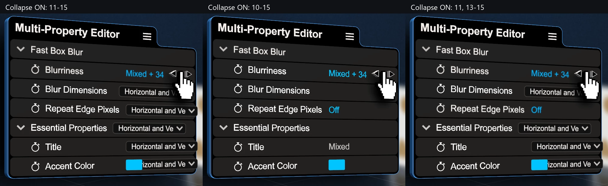 Same-frame renders: Collapse on for layers 11–15, 10–15, and 11 plus 13–15, from left to right.