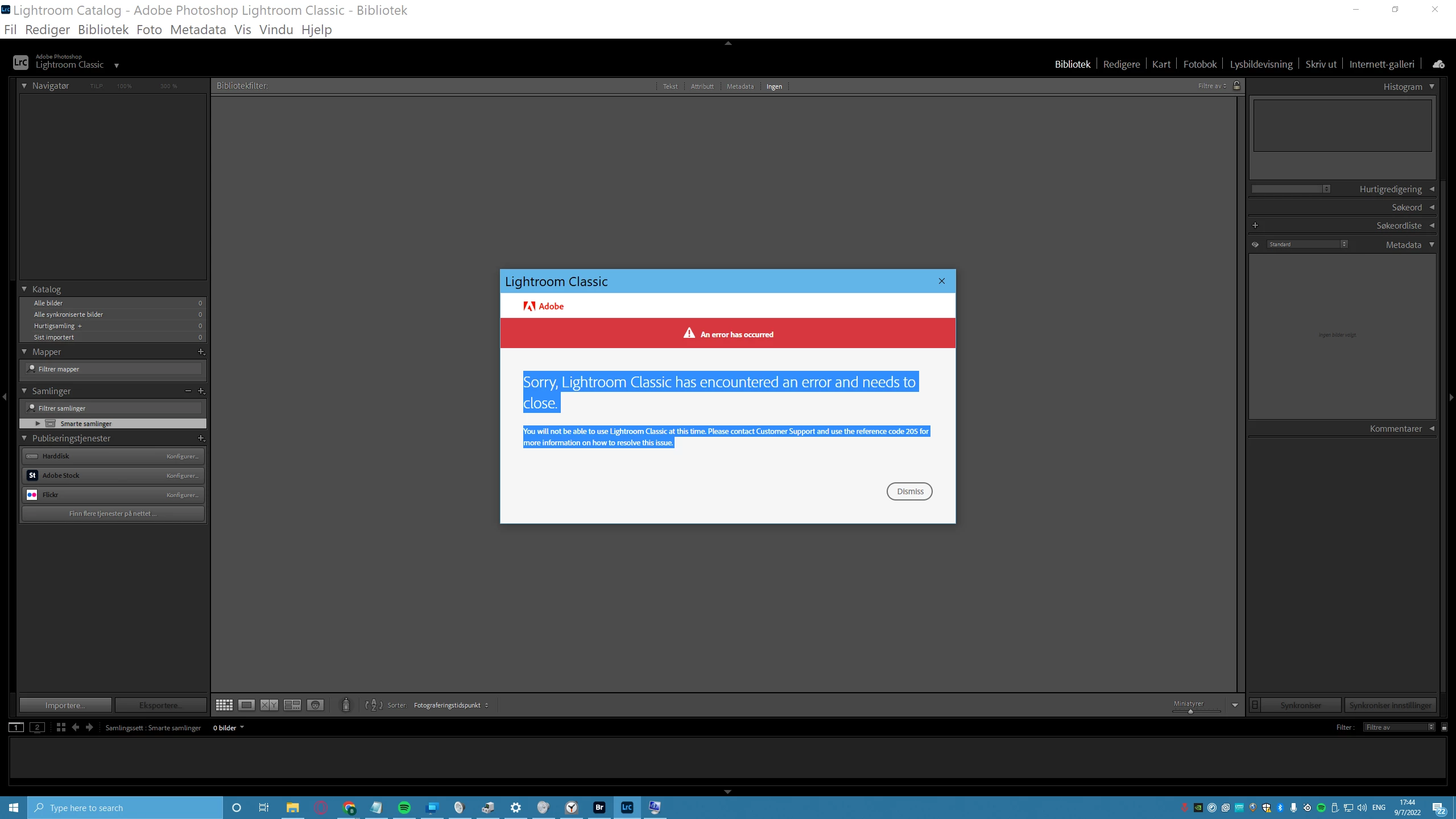 Lightroom classic is unable to be used after opening. Error code 205 ...