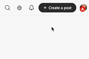 Animated GIF showing a mouse cursor selecting the Create Post button on the Adobe Community to reveal options to ask a question, report a bug, or request a feature