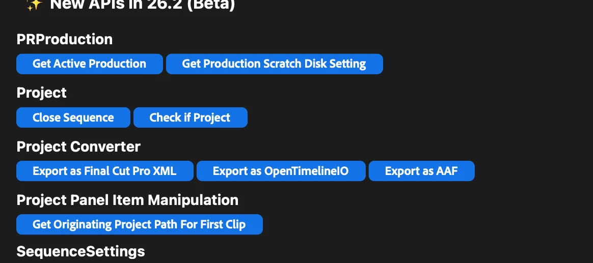 Screenshot of updated panel, showing buttons for new APIs