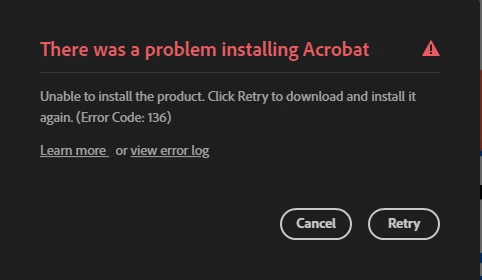 There was a problem installing acrobat error code 136 | Community
