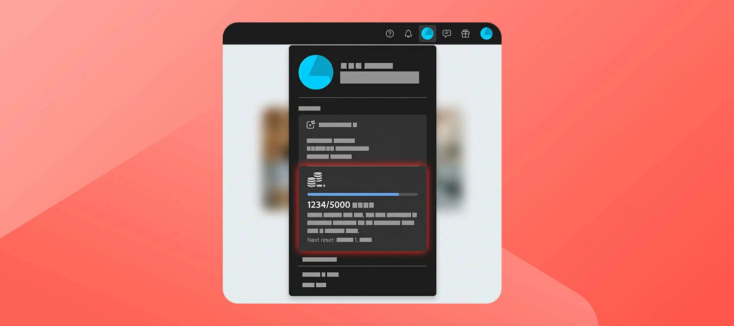 Red gradient background with a screenshot of an Adobe Account including the quota of generative credits