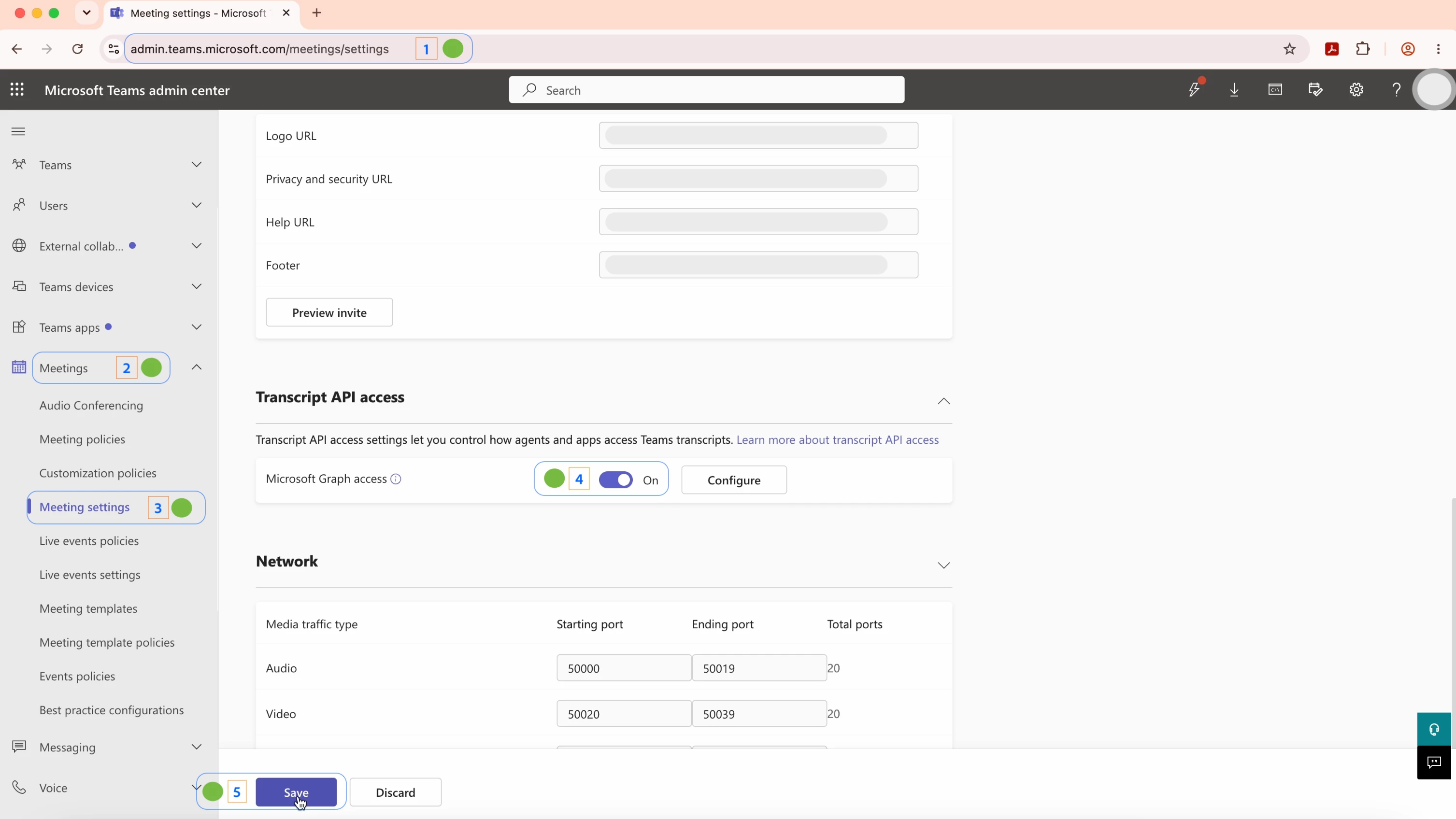 Microsoft Teams admin center Meeting settings showing Transcript API access with the Microsoft Graph access toggle set to On and the Save button