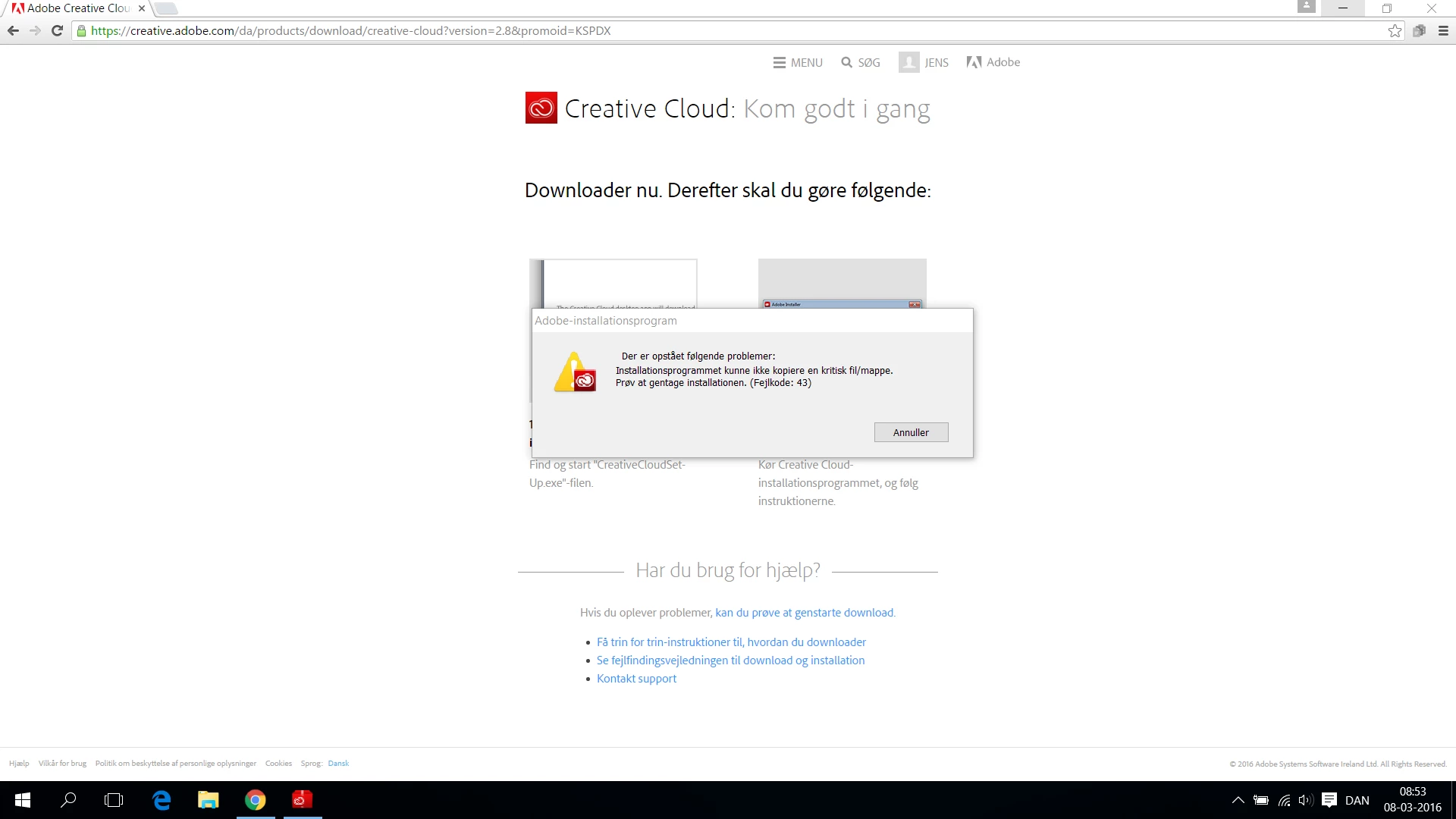 I get ths error message (errorcode: 43), when trying to install adobe ...
