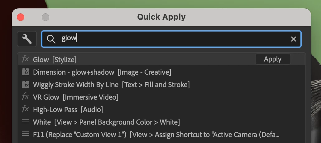Quick Apply dialog in After Effects
