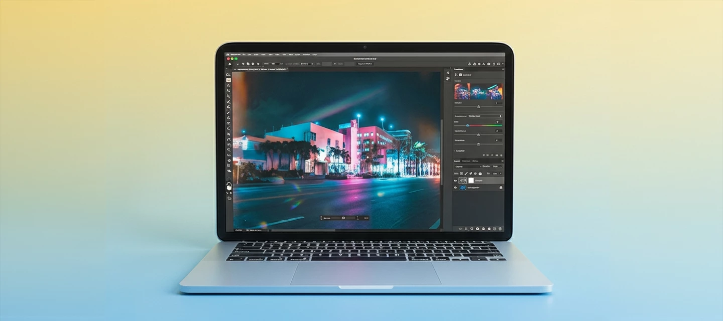 A modern laptop with the latest version of Photoshop open