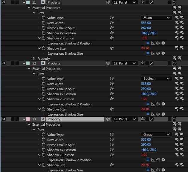 Layers 11, 12 and 13 with Value Type set to Menu, Boolean and Group