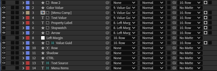 Inside the Property source precomp: Menu Comp and Row matte