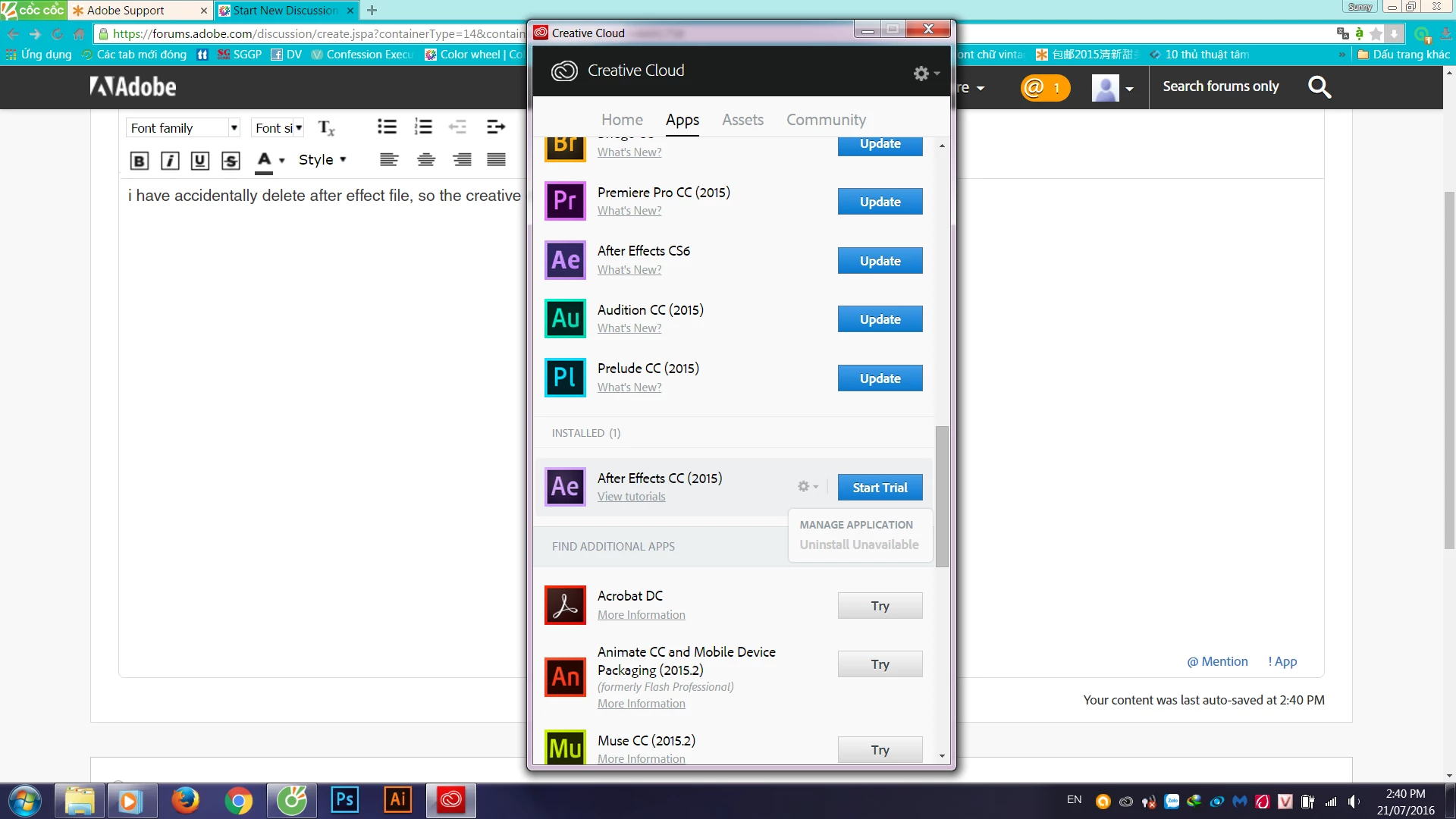 I can't uninstall after effect trial and creative cloud | Community