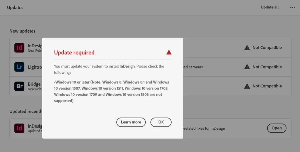 Incompatible By Design InDesign not compatible, but everything looks correct - Windows 10 ...