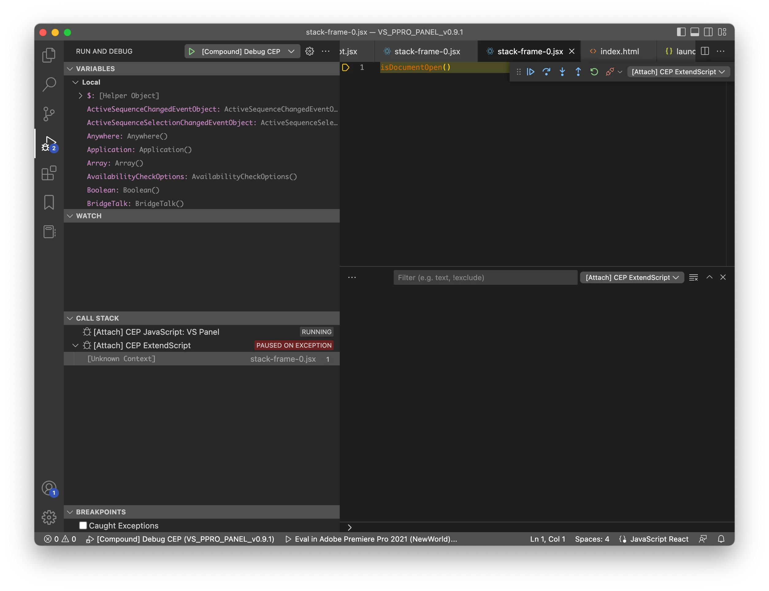 [Attach] CEP ExtendScript immediately paused on exception in stack ...