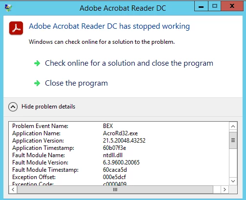 Acrobat Reader DC crashed after installed Windows security update in ...