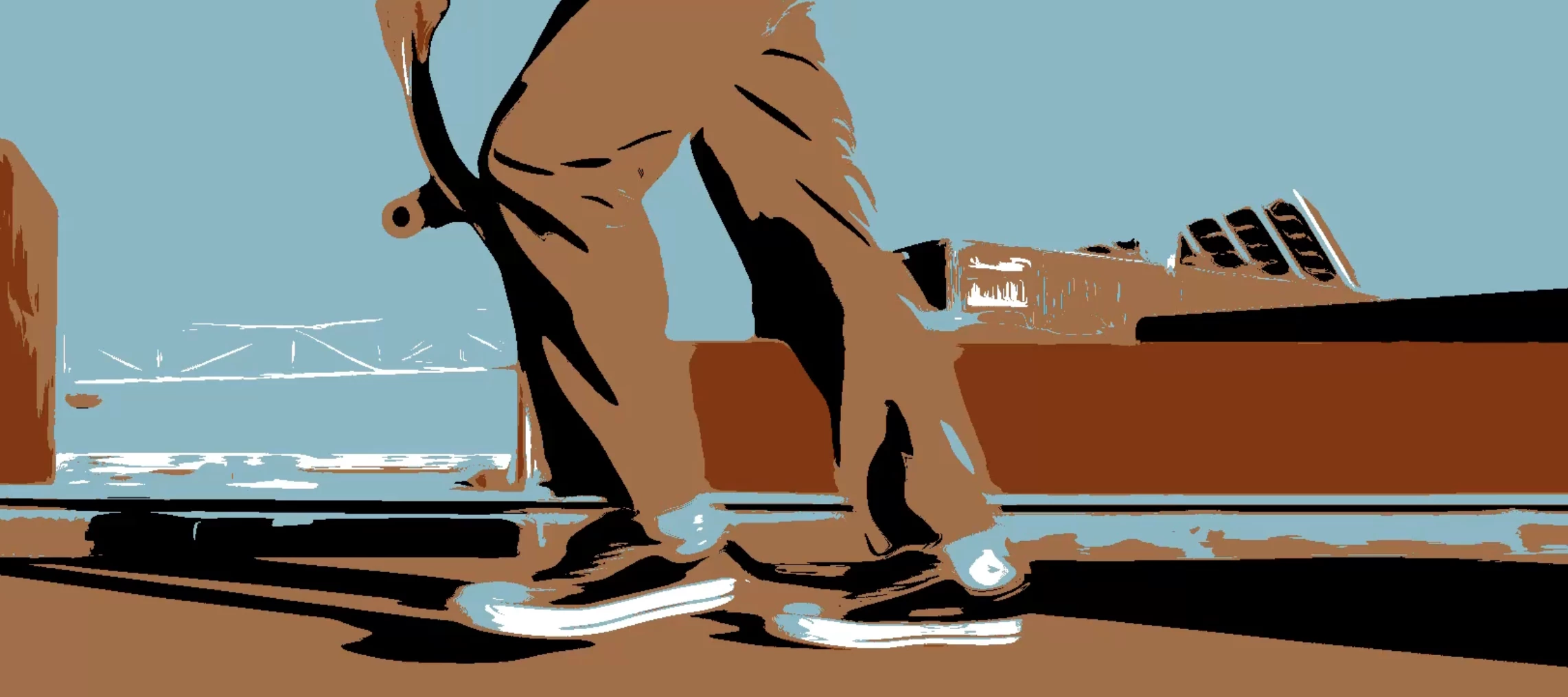 A stylized, vector-looking skateboarder