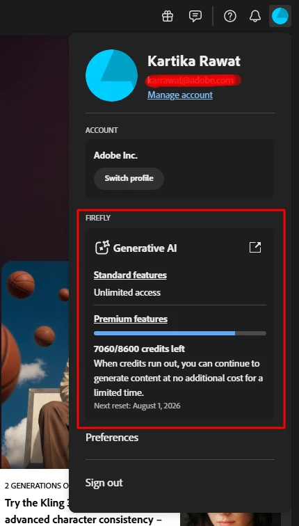 Screenshot of Adobe account menu including quota of generative credits