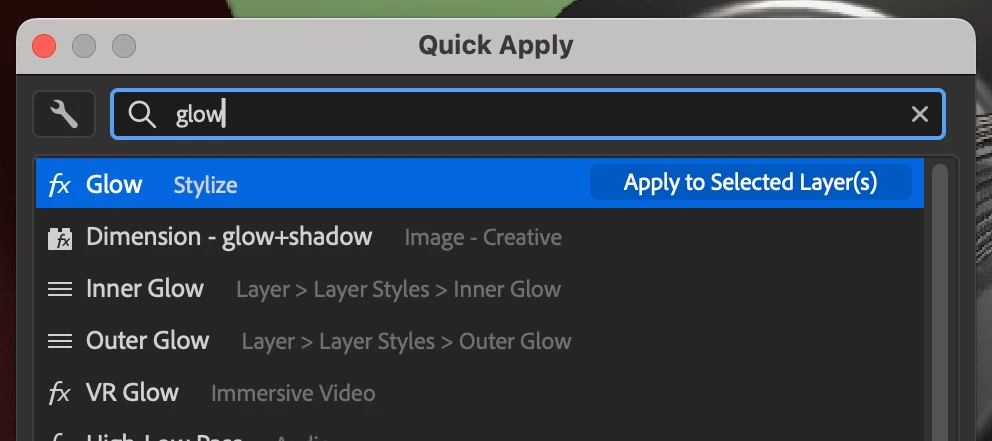 Quick Apply dialog in After Effects