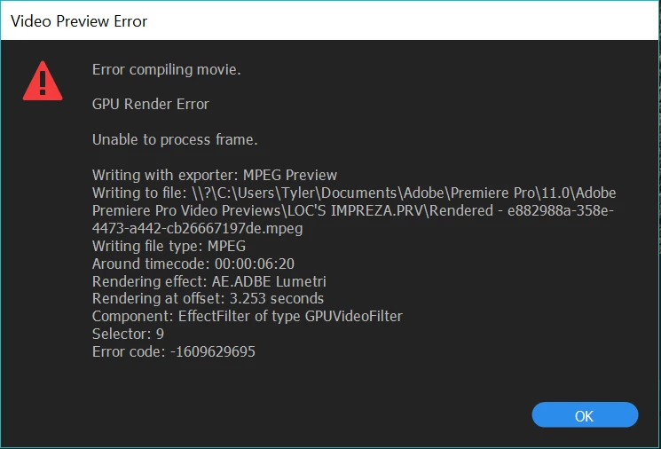 Error code: -1609629695 PREMIERE AND MEDIA ENCODER WON'T RENDER | Community