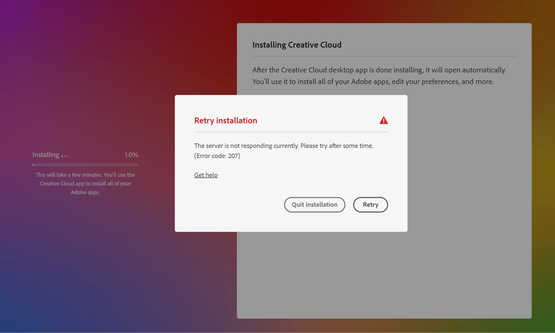 Can't install or run Creative cloud (error code 207) | Community