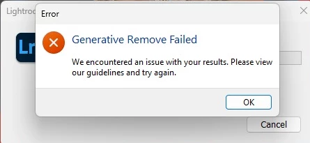 Generative Remove Failed - Or general Adobe server error | Community