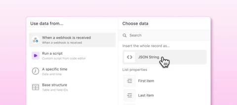 New in Automations: "Insert as JSON," plus "First item" and "Last item" tokens