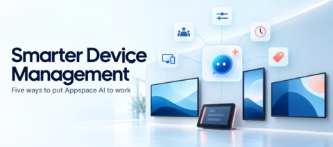Appspace AI assistant connected to workplace screens, with icons for settings, schedules, groups, and tags.