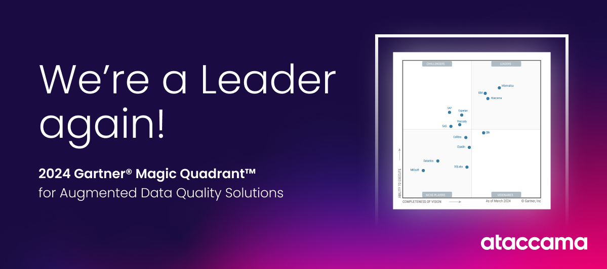 Ataccama Positioned as a Leader in the 2024 Gartner® Magic Quadrant™ for Augmented Data Quality Solutions for 3rd Consecutive Year🚀