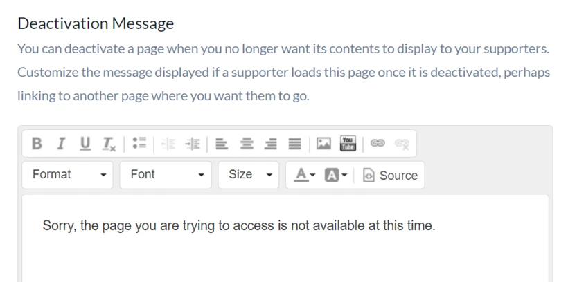 Deactivation message entry area