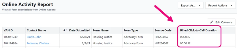Online activity report with Billed Click to Call Duration column added