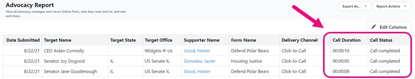 Example of Advocacy report with Call Duration and Call Status added