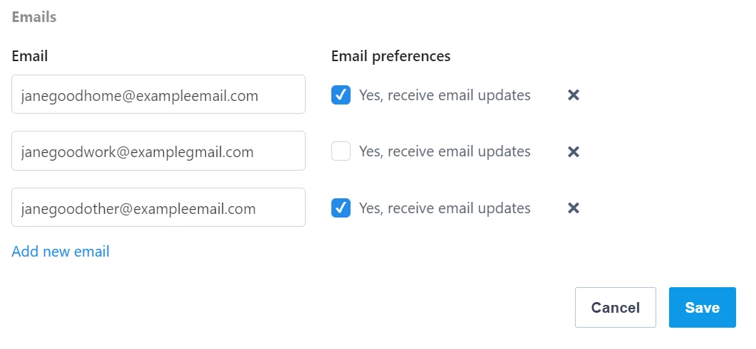 example of list of emails with options to use them or not