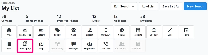 My List with Bulk Apply button highlighted