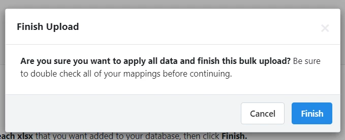 Are you sure you want to apply all data and finish this bulk upload?